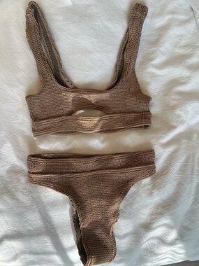 bond-eye Ribbed Scoop Bralette & High-Cut Bikini Set - Brown